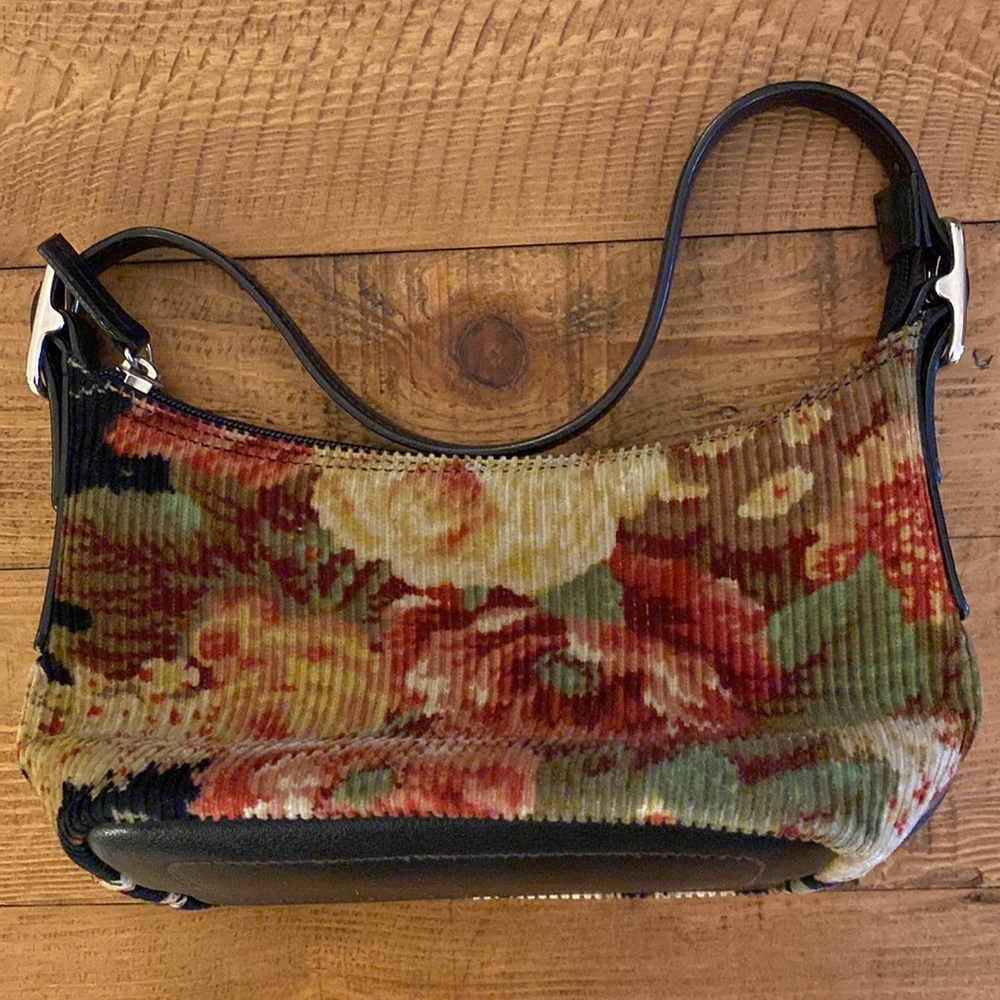 Liz Claiborne floral cotton corduroy mini shoulder purse with black strap/trim